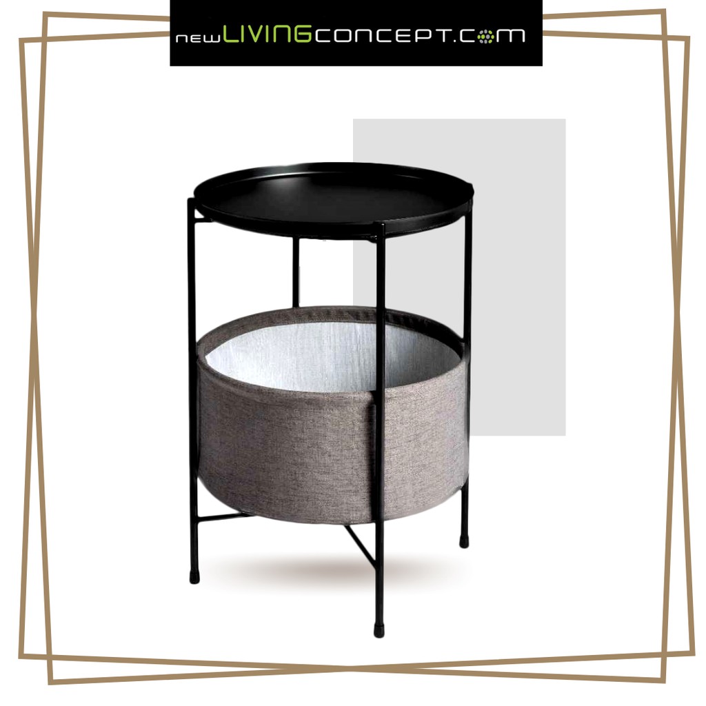 Round Bedside Table with Fabric Basket Storage / Storage Side Table