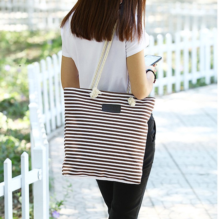 BBD BG3525 Women Canvas Striped Hemp Rope Handle Shoulder Tote Bag Beg Tuisyen Wanita Murah BG3525