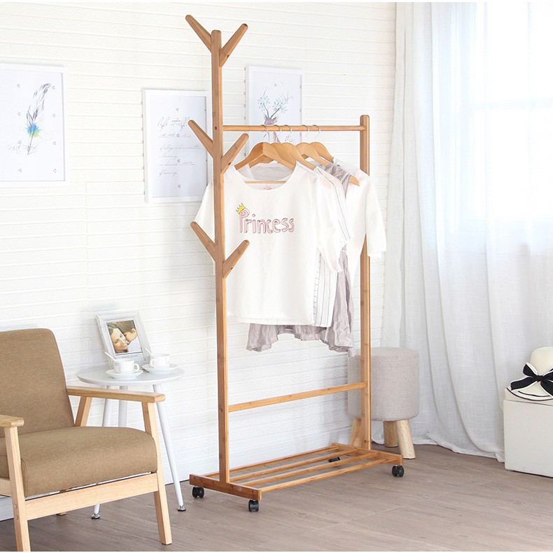 Ready Stock 100cm Modern Bamboo Wooden Clothes Rack Multi Function Coat Hanger