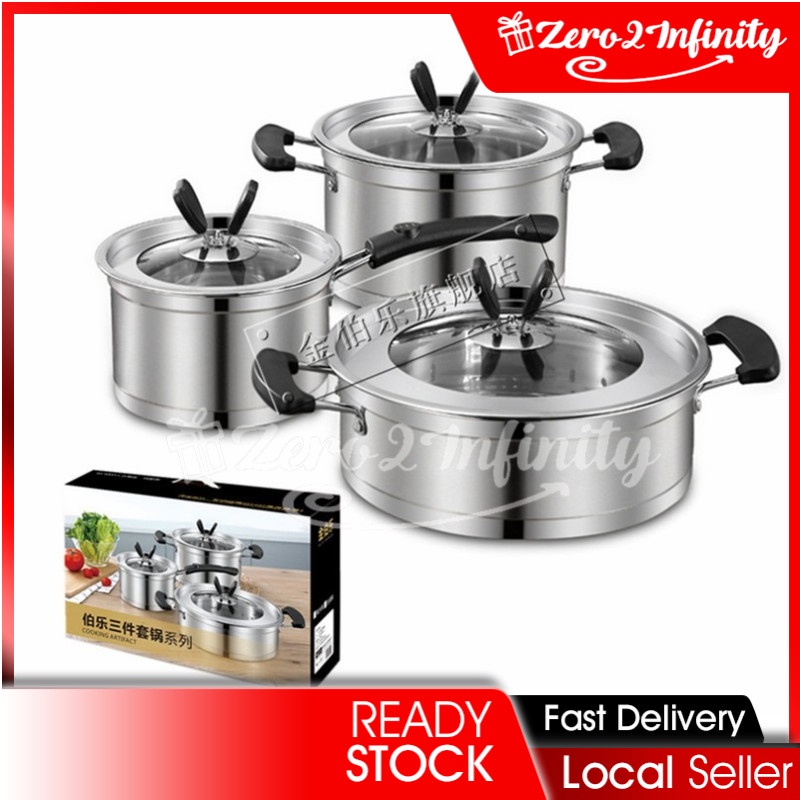 【Z2I】3 pcs stainless steel pot set Non coating 3 Layers Soup milk pot