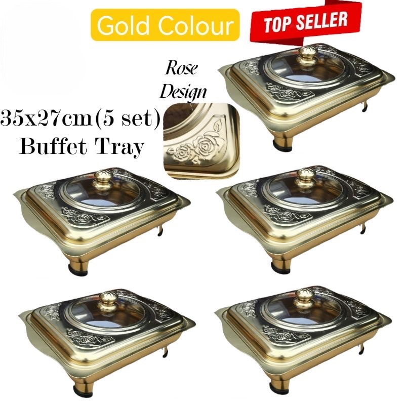 MD SINAR 5 set  GOLD 35x27 BUFFET EMBOSSED BUFFET TRAY SET / BUFFET FOOD TRAY SERVING TRAY FOOD PAN KENDURI SET CATERING