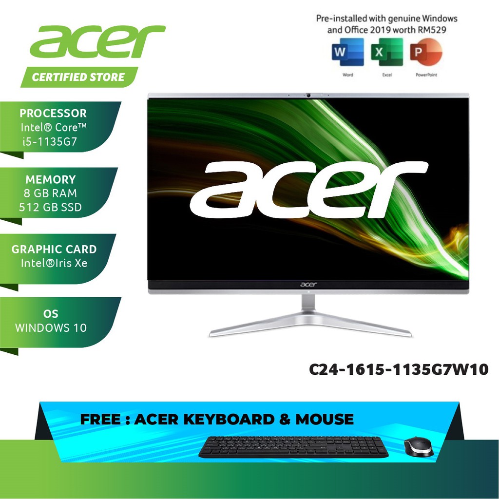 Acer All in One PC FHD Touch Screen (23.8"/I51135G7 8GB 512GB SSD KB
