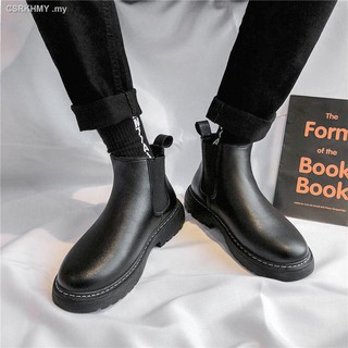 ✚Black leather boots men s  British style trend high-top Chelsea Korean students increase high school Martin boots<