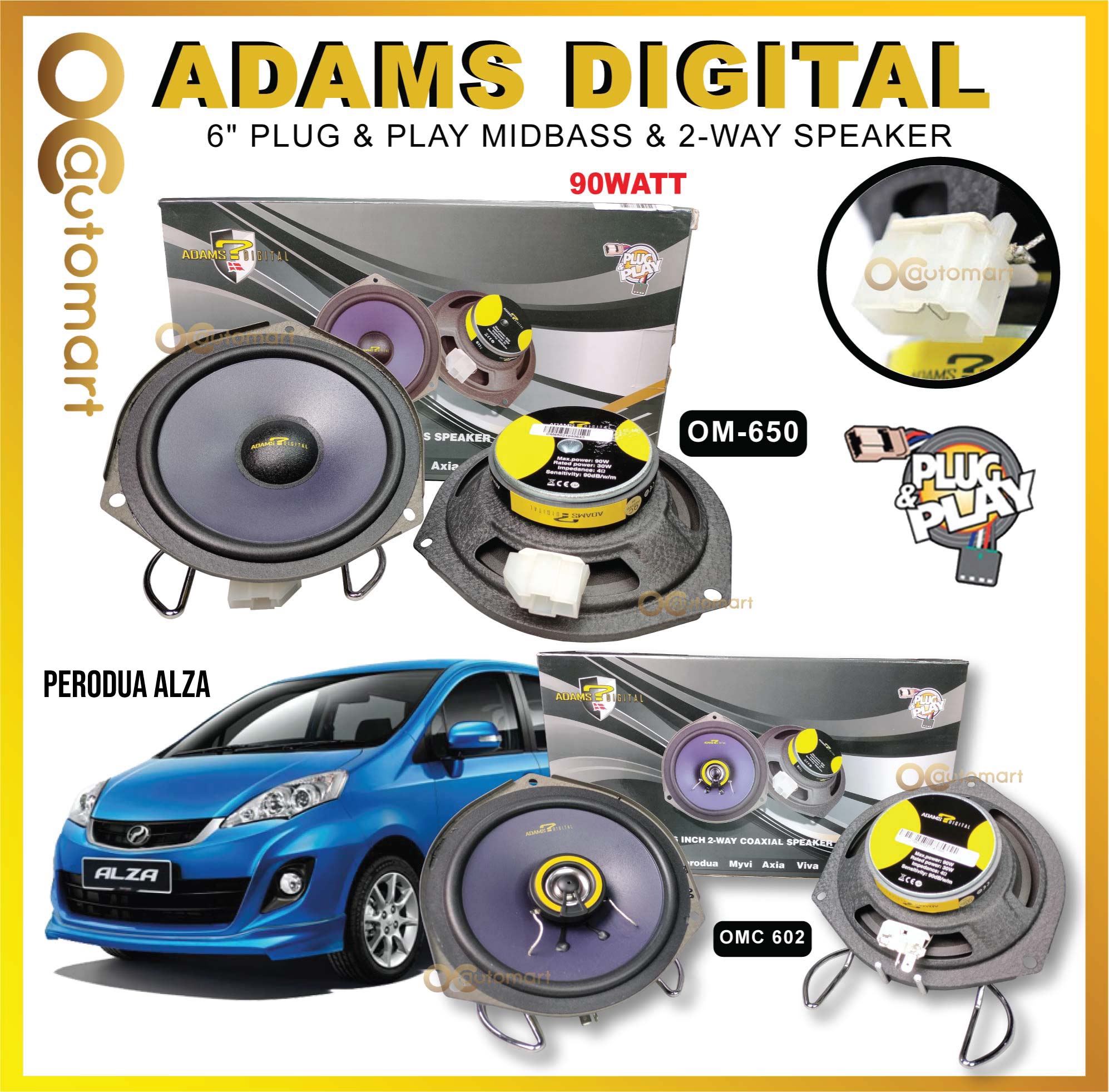 Adams Digital For Perodua Alza 6" Mid Bass & 6" 2-Way Coaxial Plug & Play Oem Car Speaker (om-650 + omc-602)