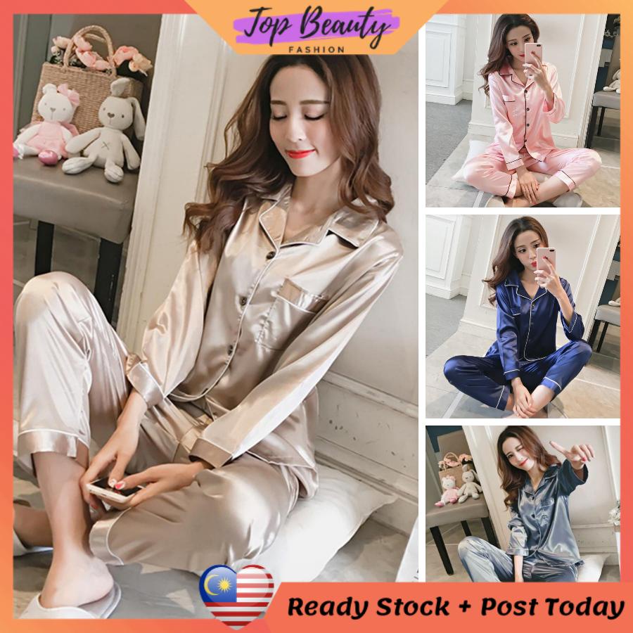 [READY STOCK] WOMEN SILK SATIN  Women Pyjamas Satin Pajamas Nightwear Women Baju Tidur Wanita Baju Tido Perempuan