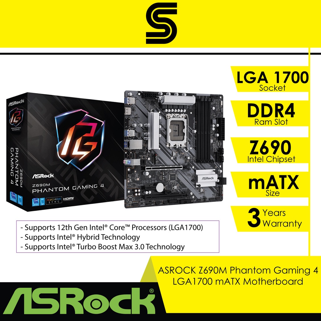 ASROCK Z690M Phantom Gaming 4 LGA1700 mATX Motherboard Shopee Malaysia