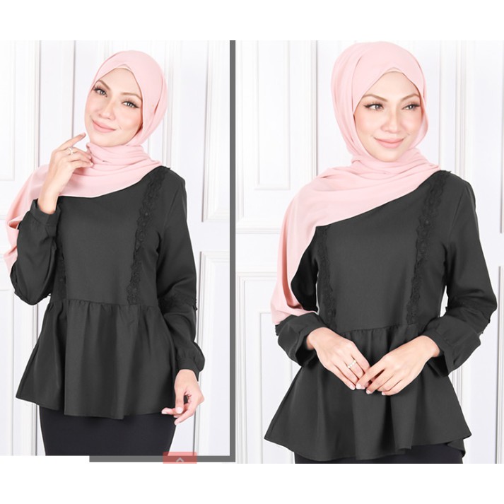 Ready Stock 1231 38 42 Baju Blouse Peplum Wanita Lengan Panjang Self Design Peplum