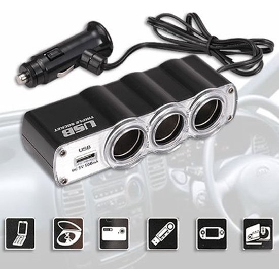 3-way In Car Triple Socket Splitter with USB Port Charger Adapter Soket ...