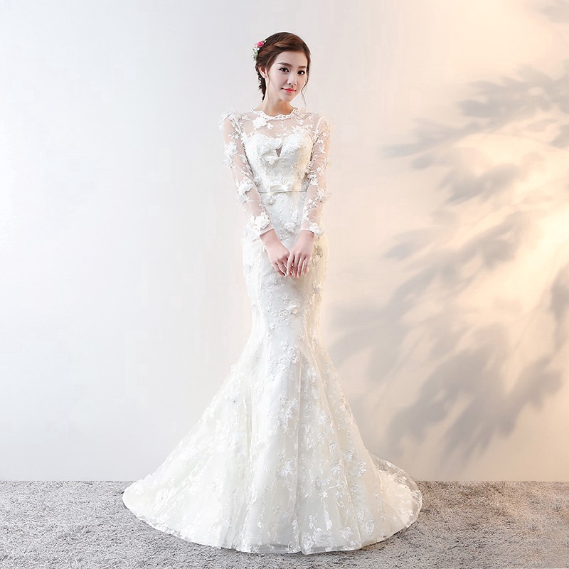 Bride Long Sleeve Lace Fishtail Wedding Dress Shopee Malaysia