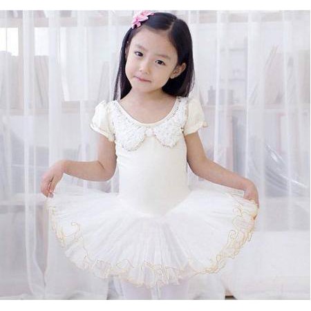 White Ballet Dance Dress Short Sleeve With Gold skirting