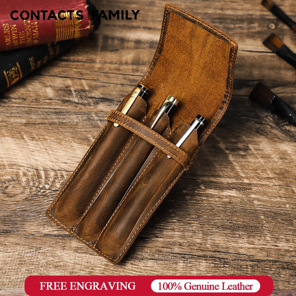 CONTACT'S Vintage Handmade Genuine Leather Pen Holder Case Organizer 1/2/3 Slots Pouch Pocket