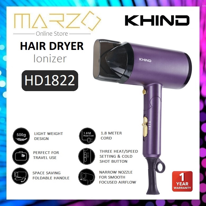 Khind Ionizer Hair Dryer HD1822 HD1400 / Pengering Rambut / Foldable Hair Dryer / Travel Hair Dryer