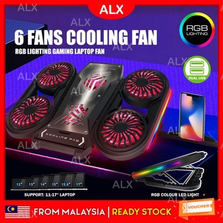 ALX RGB LED 6X Cooling Fan 12-17” Gaming Laptop Fan + Phone Holder 2 USB Laptop Cooler Laptop Stand Cooling Pad 手提电脑散热风扇