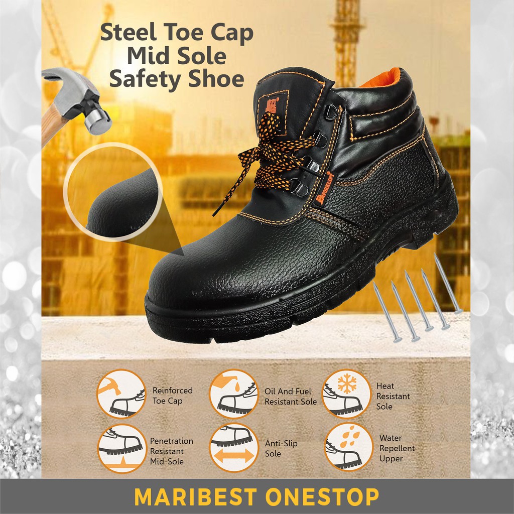 Safety Shoes Steel Toe Cap Mid Sole Medium OR Low Cut Safety Boots Black (RANDOM RED/ORANGE LINING) Kasut Keselamatan安全鞋