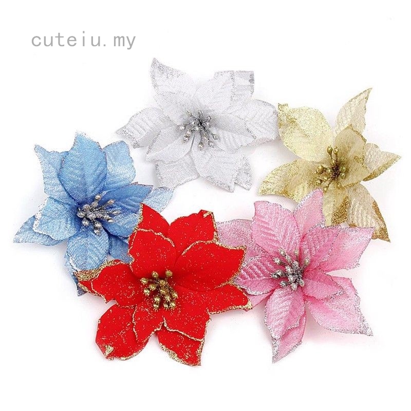 Christmas Poinsettia Glitter Flower Bow Clip Xmas Tree Wedding Party Decor Hot