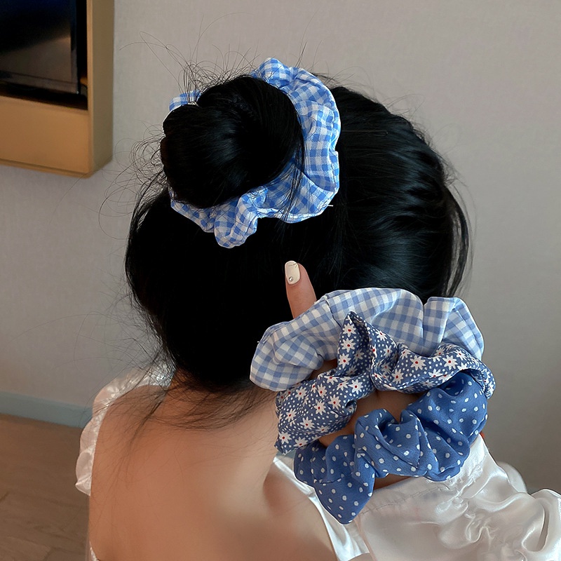 Women Korean INS Style Blue Dots Hair Rope / Ladies Floral Plaid Spotted Elastic Hair Ties / Girls Fairy Ponytail Holder Rubber Hair Bands / Elegant Large Intestine Hair Ring Hair Accessories
