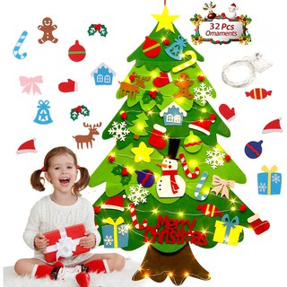 Kids Felt Christmas Tree With Ornaments Xmas Gift Door Wall Hanging with LED Lights