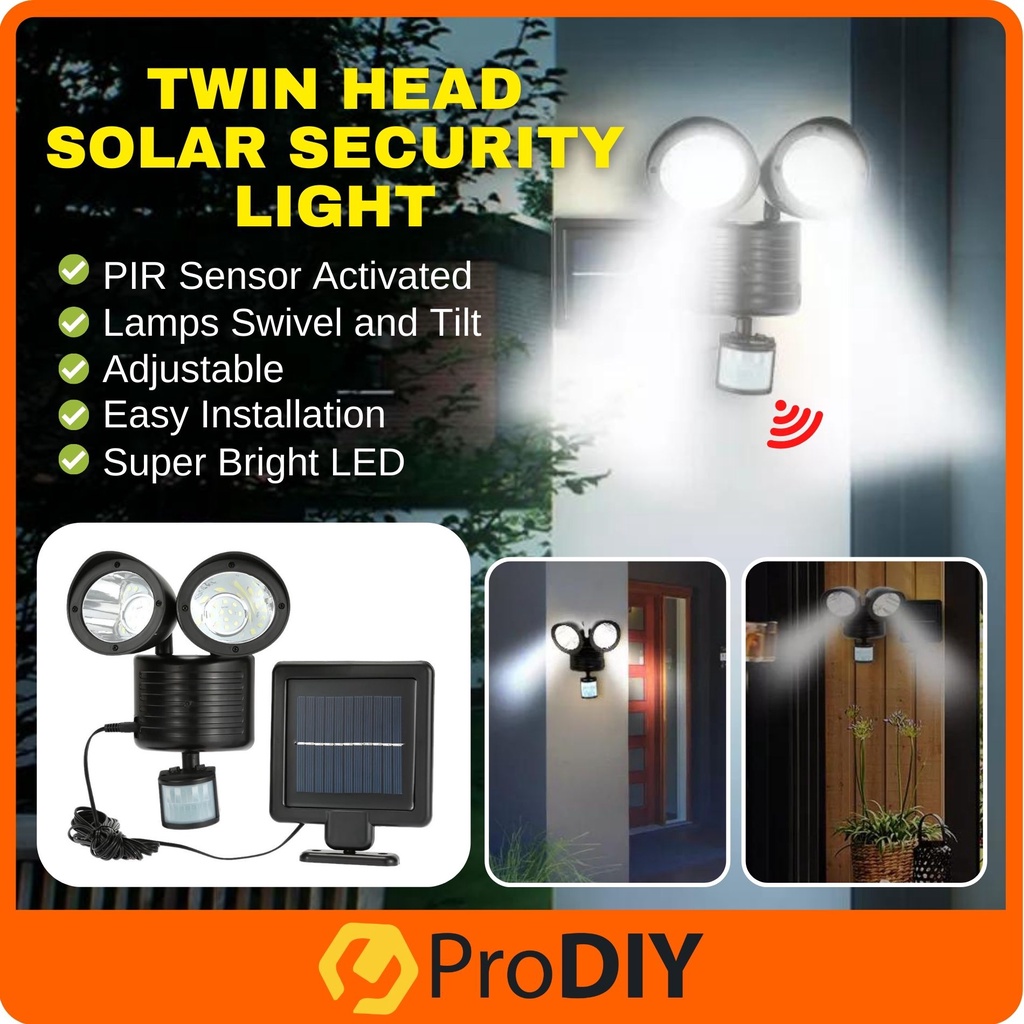 22 LED Rechargeable Twin Head Solar Security Light Lamp with Sensor + Solar Panel / Lampu Solar Boleh Cas