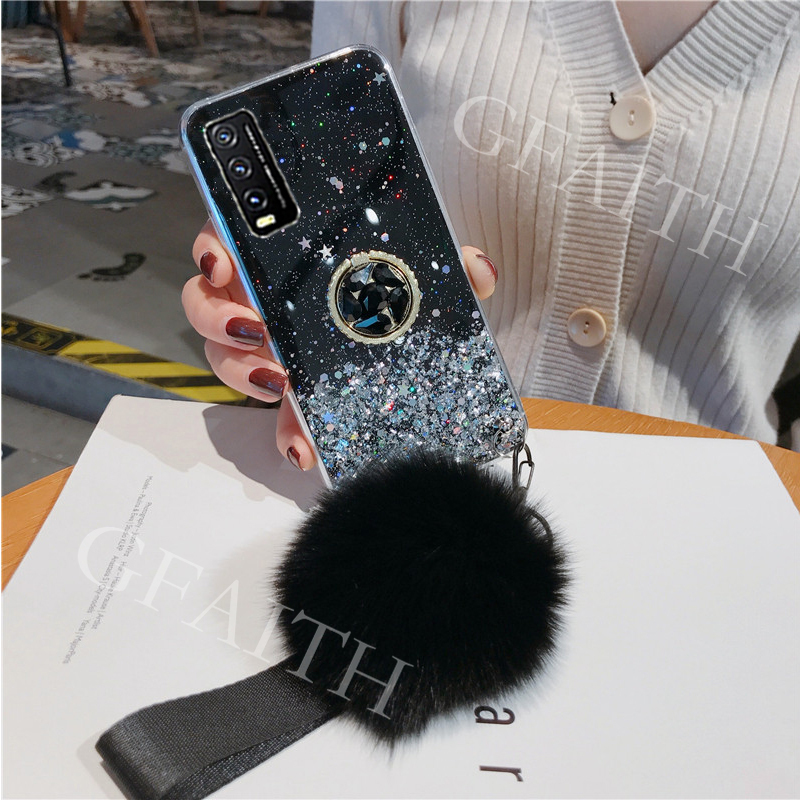 New Bling Glitter Casing Vivo Y 21 Y31 Ysg Ys Y Y12a Y12s V21 5g V21e Handphone Case Luxury Rhinestone Ring Holder Hariball With Hand Strap Transparent Star Space Softcase Phone Cover