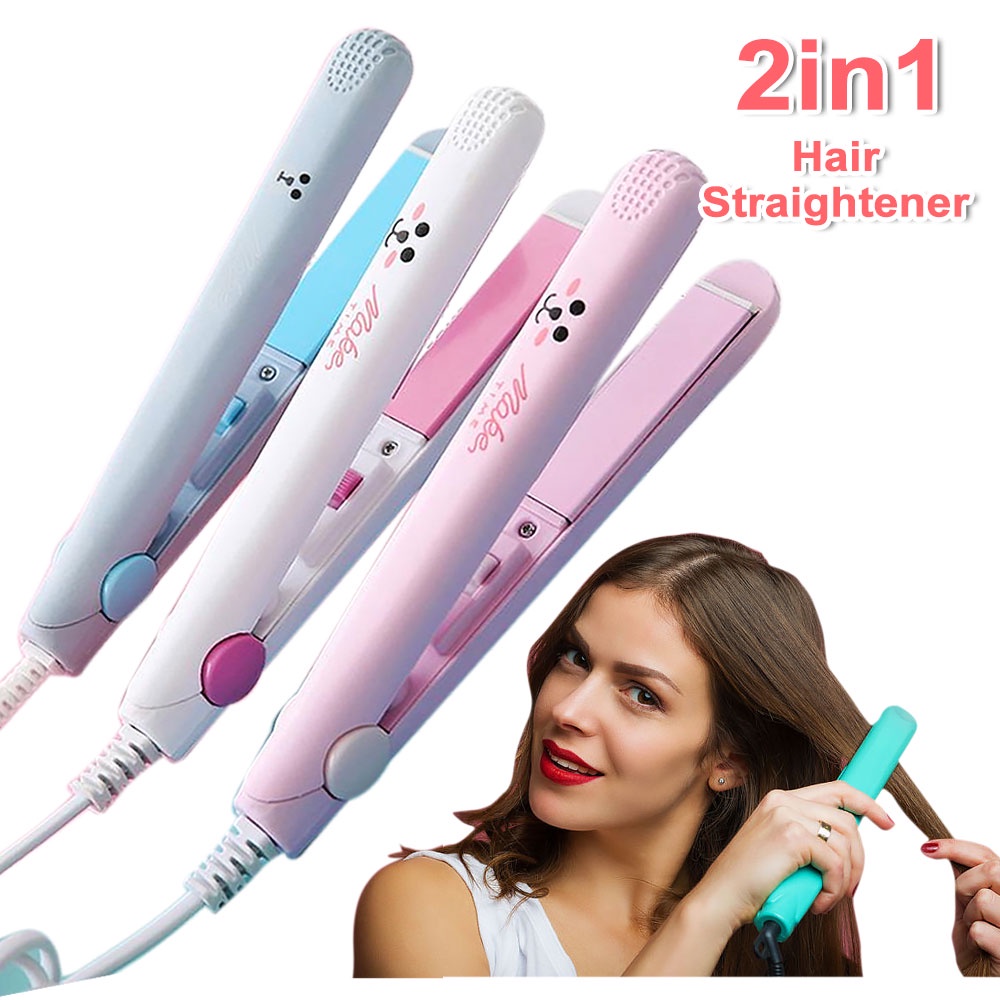 2 in 1 Electric Hair Straightener Curly Cartoon Mini Colorful Portable Ultra Slim Non-Slip Switch On Off Easy Operation