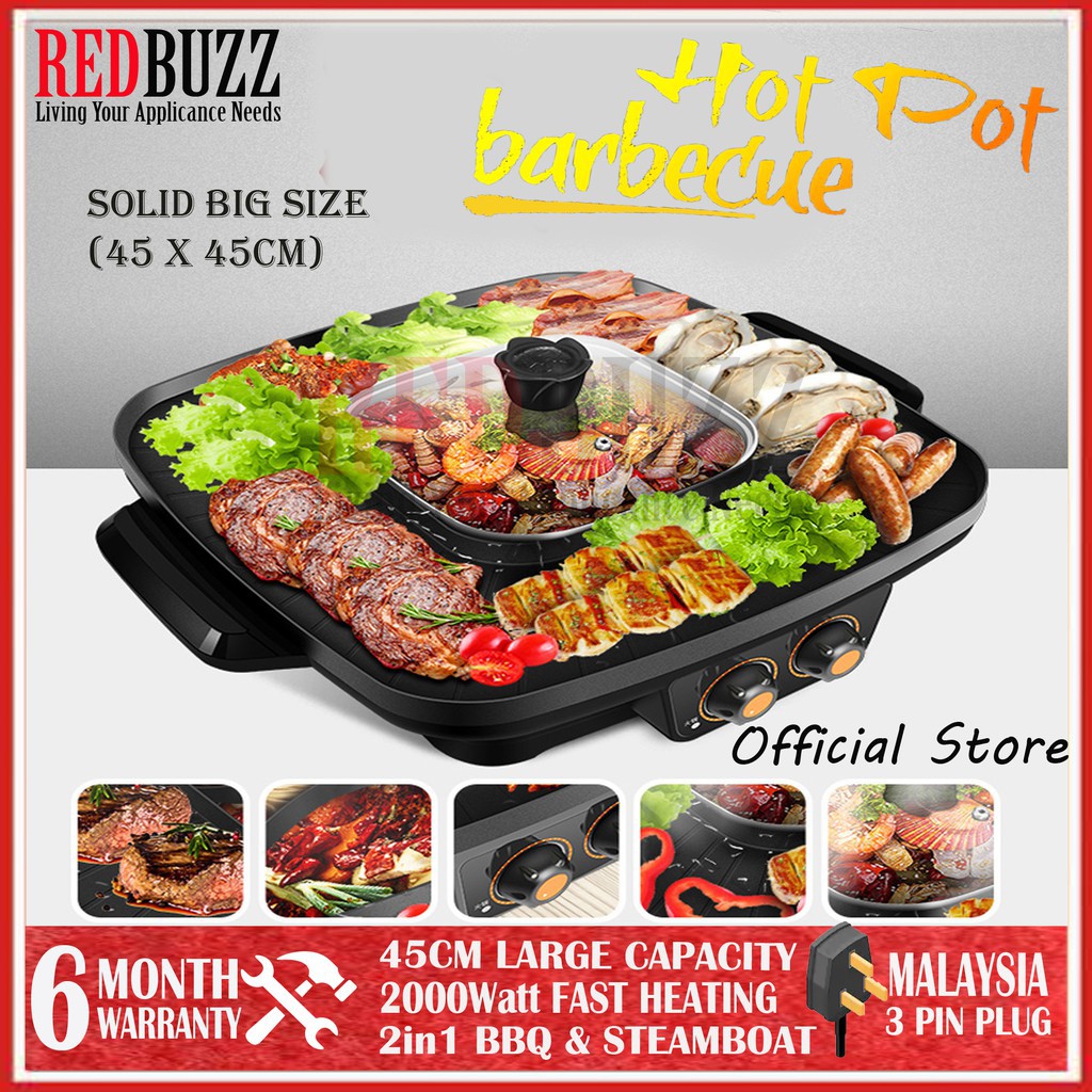 REDBUZZ 2in1 Square BBQ Grill &Steamboat Big Size Hot Pot Shabu Roast ...