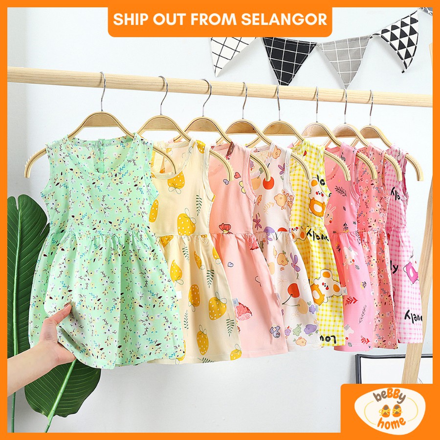 Bebby Home 1-6 yrs old Baju Raya Baby Girl Dress Sleeveless Cotton Silk Cute Cartoon Princess Dresses Perempuan