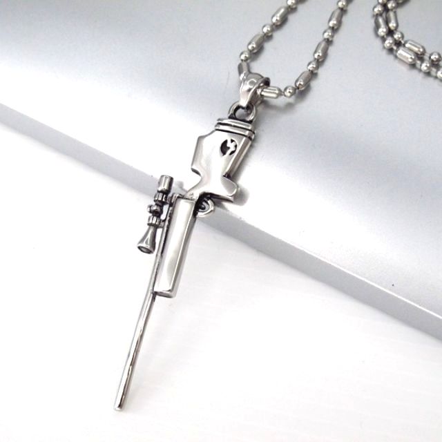 Silver Stainless Steel Sniper Rifle Weapon Gun Pendant 24" 60cm Mens Chain Necklace