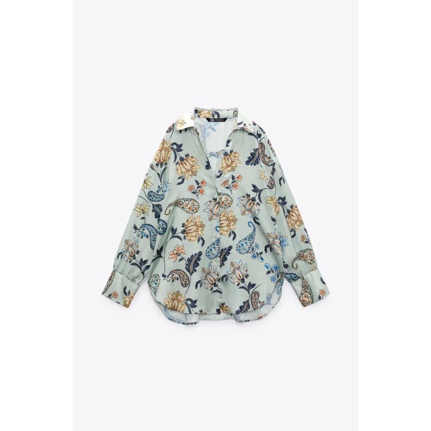 2310110 Green Floral Printed Satin Finish Shirt Inspired Zara Shopee Malaysia
