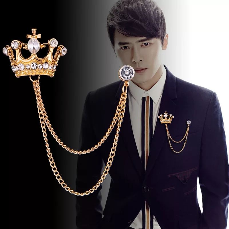 格安 A N KINGPiiN Lapel Pin for Men Golden Crystal Crown with Hanging Chain -  www.fsinox.com