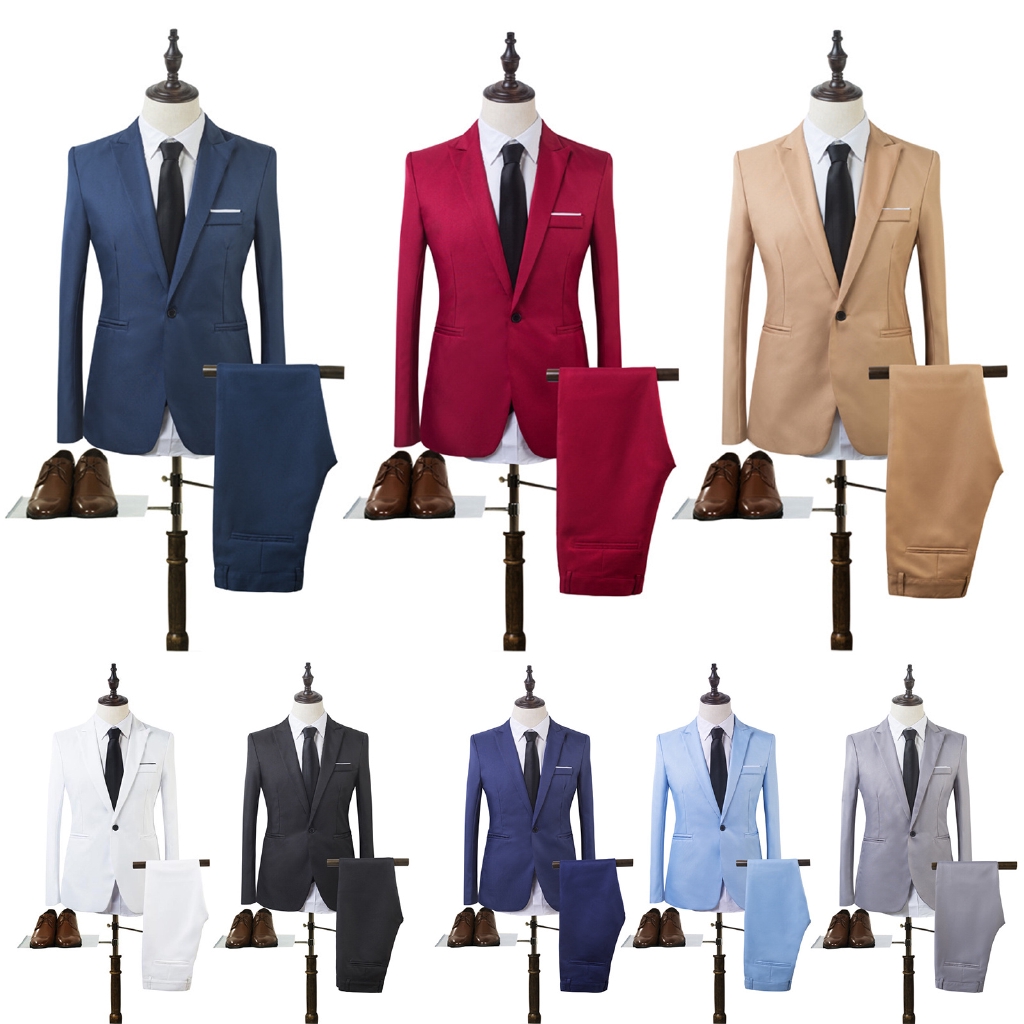 Men Blazer Suits Formal Plain Business Pants Casual Slim Fit Set Wedding Party Office Outerwear HP