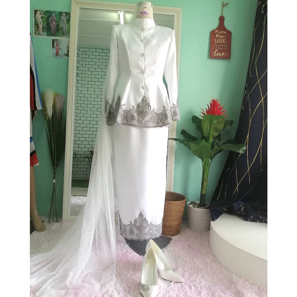 Baju Nikah Perempuan White Grey Lace Full Set Veil And Shawl Shopee