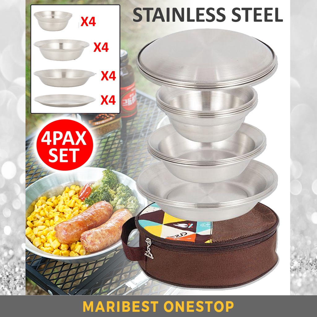 17 Pcs Portable Stainless Steel Camping Tableware Outdoor Plate Bowl Storage Bag Picnic Pinggan Mangkuk Khemah 不锈钢餐碗