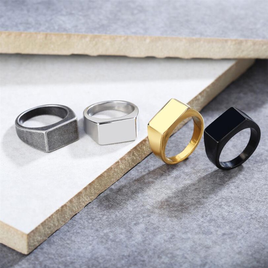 Vintage Silver Gold Black Rectangle Simple Titanium Steel Polished Men Fashion Jewelry Punk Finger Rings Cincin