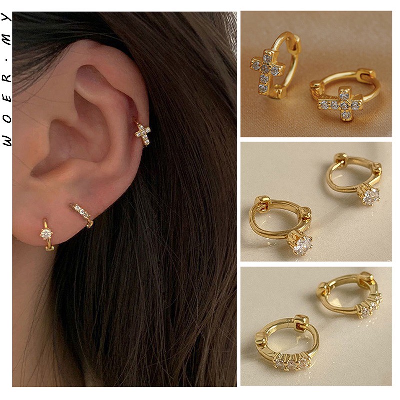 [woer] 24k Gold Plated Mini Zircon Hoop Earrings Cubic Zirconia