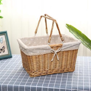 Tiamu Handmade Wicker Basket with Handle Shopping Storage Hamper Basket with Cloth Lining Wicker Camping Picnic Basket with Double Lids 