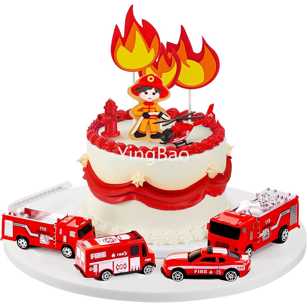 4PCS Firetruck Cake Topper Firetruck Birthday Cake Decoration Children's Toy Car Mini Pull Back Car Ladder Fire Party Decoration