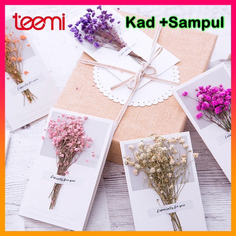 Teemi Kad Raya Aidilfitri Bunga Kering 3d Sampul Dried Flower Wish Card Greetings Card Birthday Anniversary Kad Ucapan