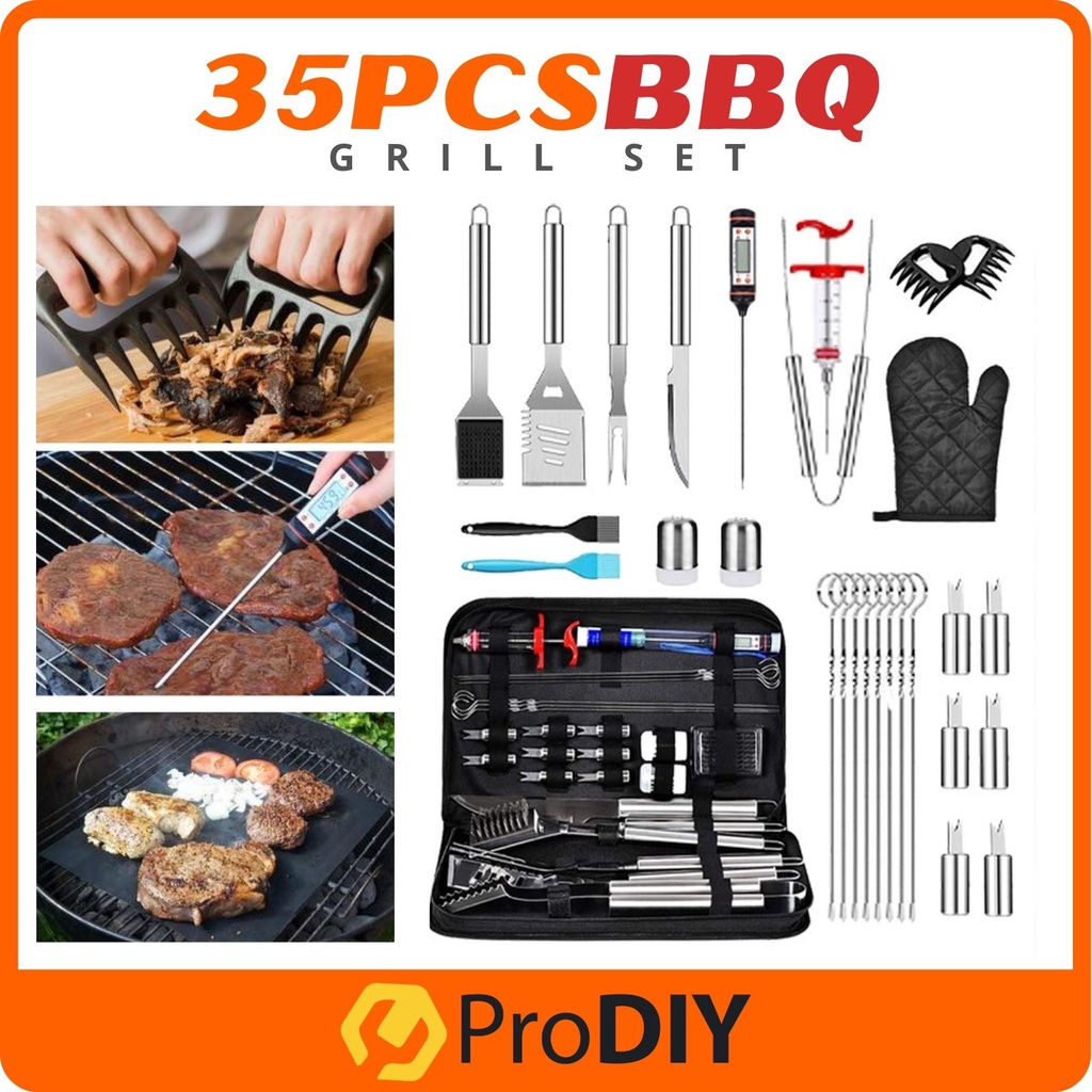 35PCS BBQ GRILL SET Grill Accessories Tools Set Barbecue Sets Thermometer Steel Fork Tongs and Spatula Grilling Utensil