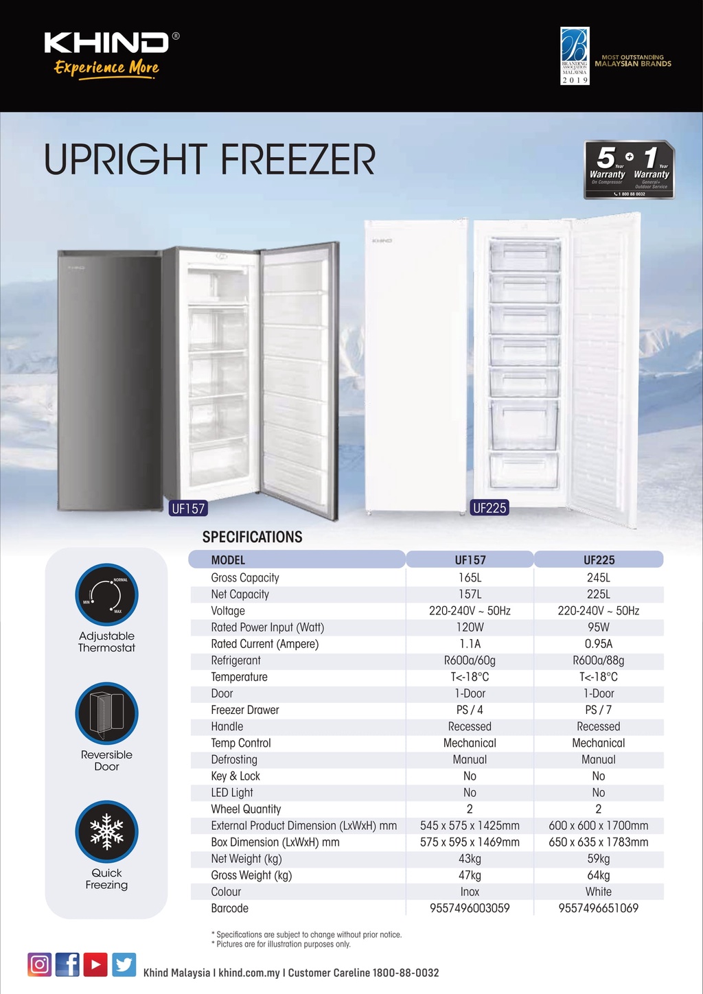 Khind 157L 1 Door Upright Freezer UF157 (Inox) Seng Huat