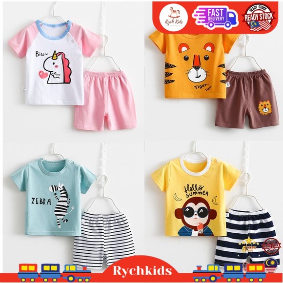 Baju Bayi Baby Clothing Infant Kid Anak Lelaki Perempuan Boy Girl Set Seluar Pendek Lengan Pendek Tshirt set 2pcs