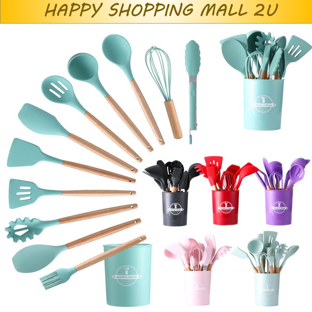 12 Pcs Silicone Spatula Senduk Viral SpaCooking Tools Set Kitchen Cookware Utensils Scraper Senduk Penyepit Brush Dining