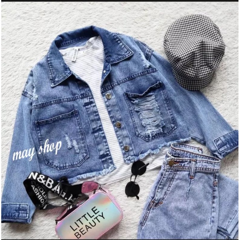 Women's Ripped Ripped Ripped Ripped Jeans Jacket Crop Top Denim Jeans