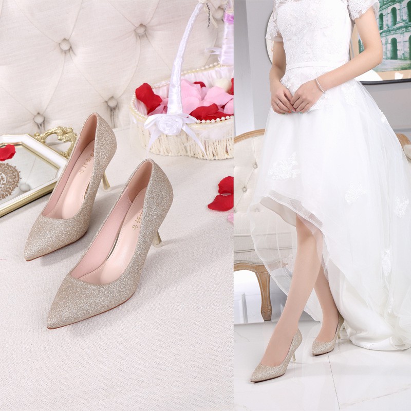 Wedding Shoes Gold Powder Stiletto High Heeled Pointed Shoes