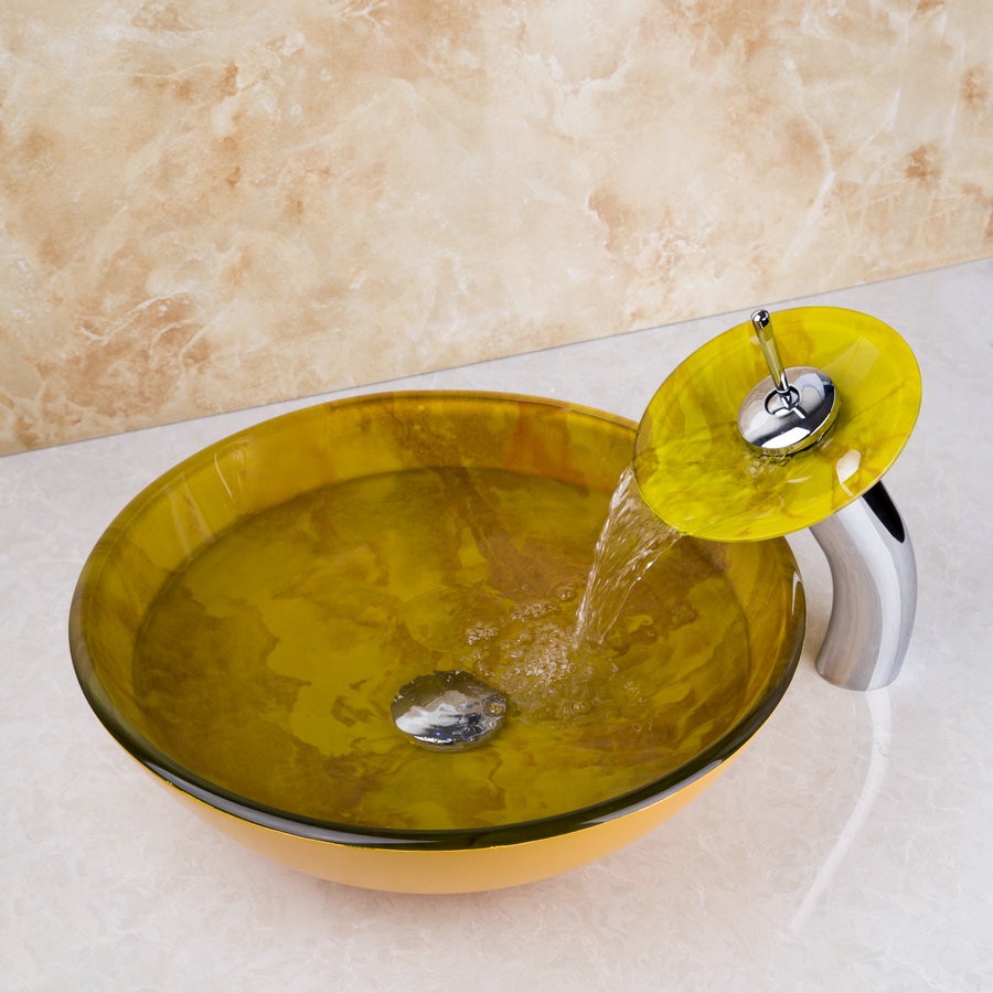 Round Vessel Sink Tempered Glass Bowl With Bathroom Waterfall