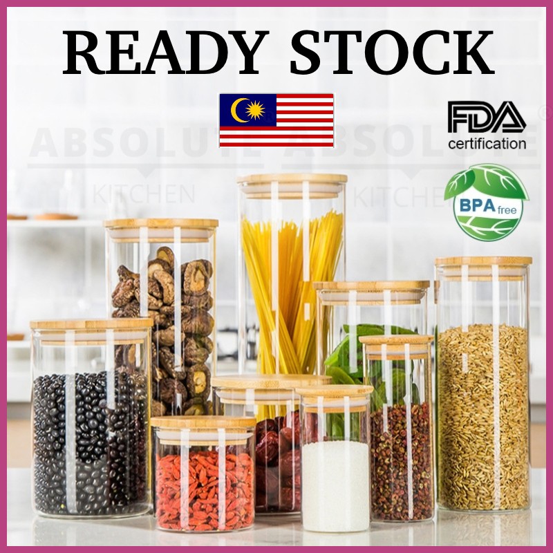 READY STOCK Round Glass Jar For Spices Glass Transparent Container With Lids Cookie Jar Kitchen Jar Balang Bekas Kaca