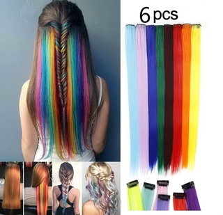 6/8Pcs/set  20\ Long Straight Colorful Hair Extensions Clip in Highlight Rainbow Hair Streak Pink Synthetic Hair Strands On Clips