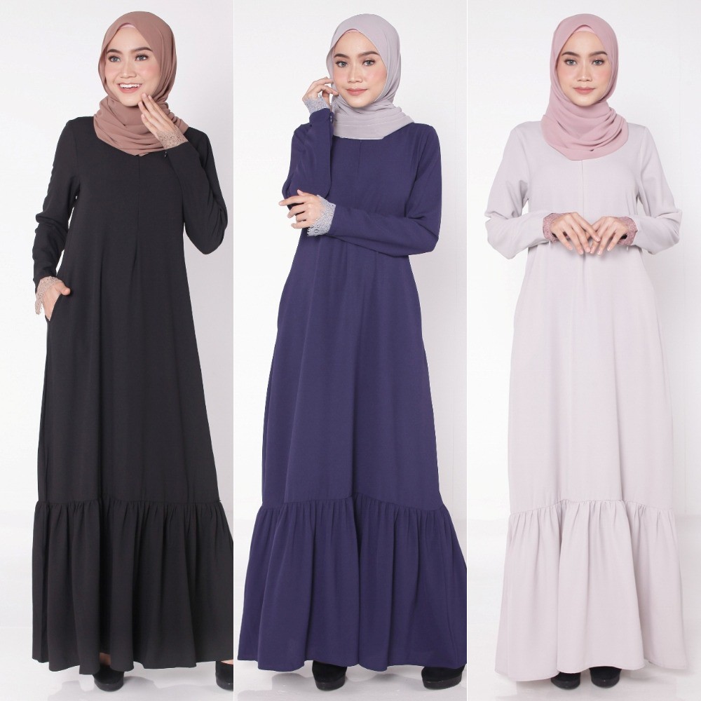 Muslimah Moden Eyelashes Lace Crepe Abaya Dress Jubah Maxi Long Dress