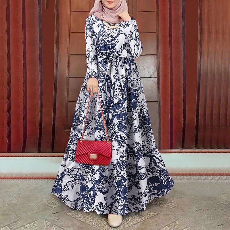 FLORALDress Muslimah long sleeve dresses navy blue dress cotton white dress Retro Printed plus Size gown LAS204