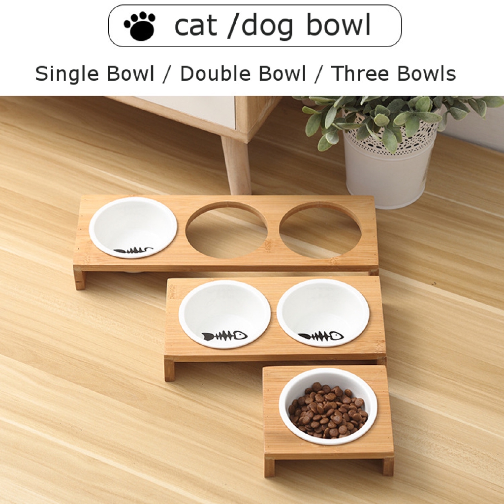 Pet Feeder Bowl Dog Cat Bamboo Ceramic Food Water Elevated