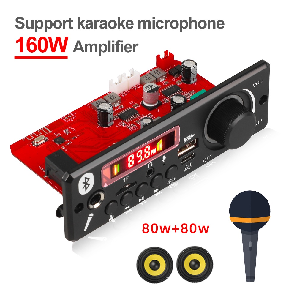 2*80W Amplifier Bluetooth 5.0 MP3 Decoder Board 12V Car MP3 Player USB FM Recording Folder Switching Microphone Handsfree Control